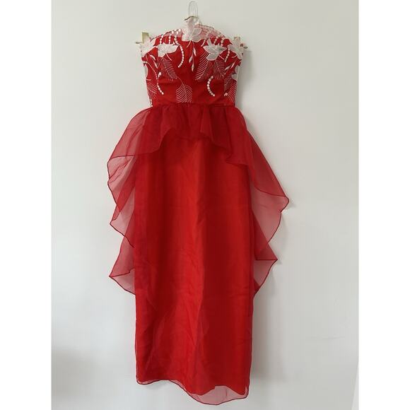 Vintage ‘80s Eve of Milady Red Emboidery Strapless Basque Waist Midi Dress - Picture 1 of 9